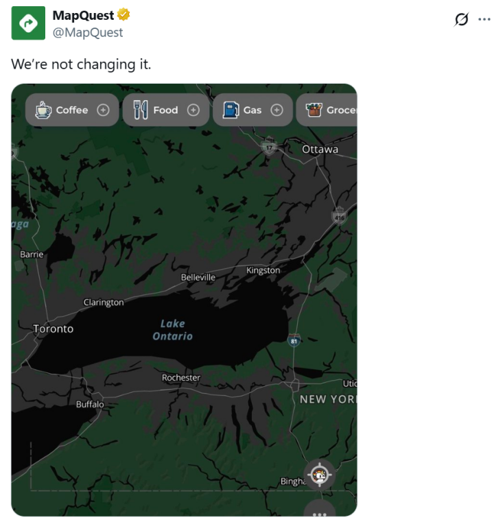 MapQuest宣布拒绝给安大略湖改名