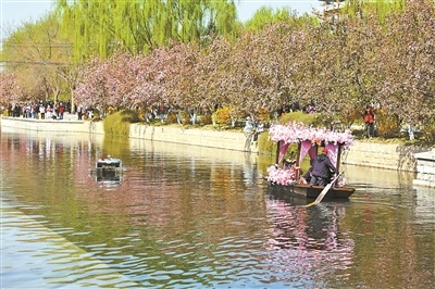 元大都遗址公园,游客乘摇橹船泛舟水上,穿行于海棠花海 摄影/本报记者 魏彤