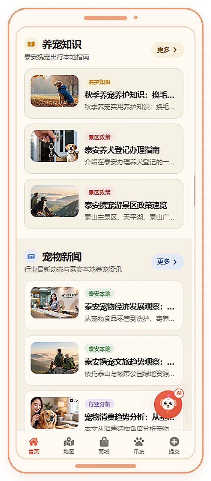 快捷找点分类入口与宠物商城商品列表