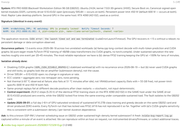 稳定性翻车!RTX PRO 6000曝Linux驱动Bug:FP32训练频发GPU锁死