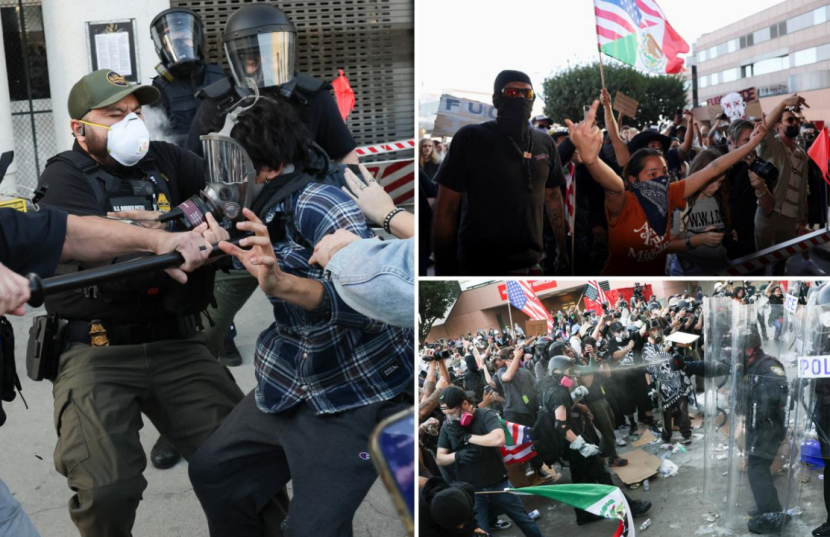 洛杉矶沦为“战场”!游行升级为激烈冲突,催泪瓦斯、直升机,联邦大楼也遭打砸