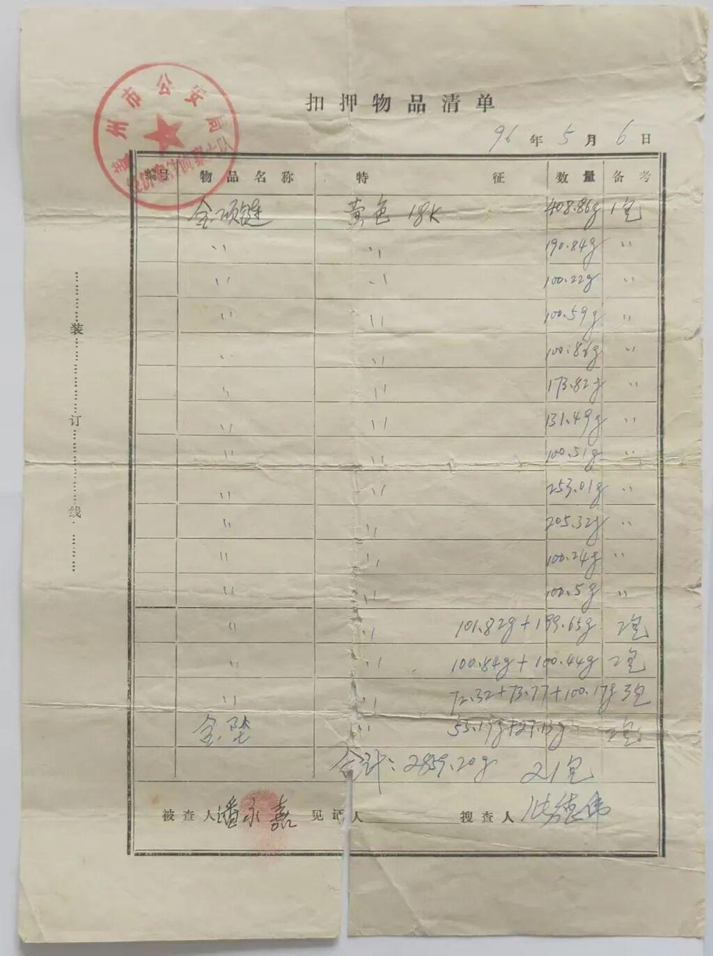 ▲盖州警方于1996年出具的《扣押物品清单》 图据澎湃新闻