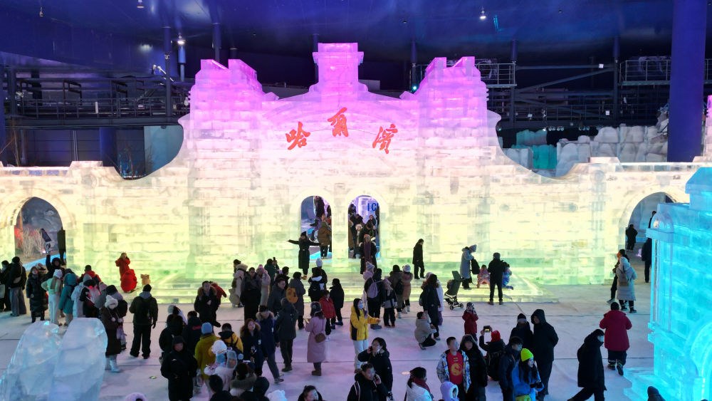 2月22日,游客在哈尔滨冰雪大世界梦幻冰雪馆游玩(无人机照片)。新华社发(刘洋摄)