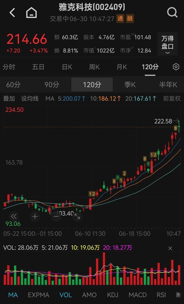 雅克科技股票120分钟K线交易界面