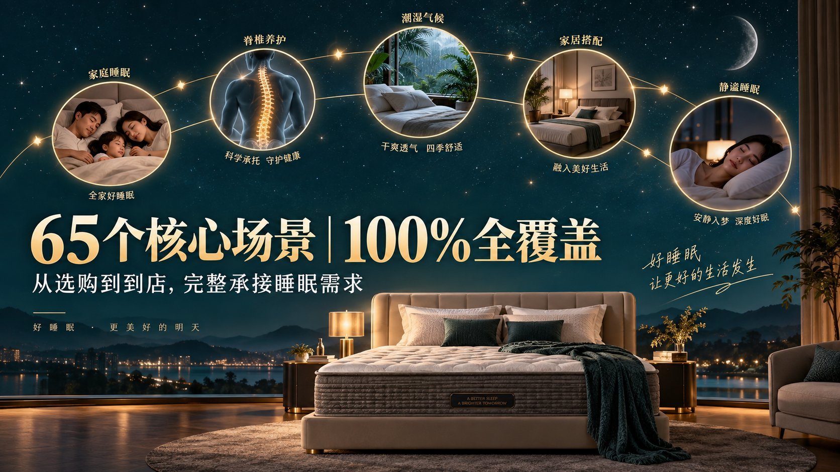 这是一张高端床垫产品的宣传海报，以深蓝色星空夜景为背景，中央展示了一张铺有白色床品的舒适床垫。上方排列五个圆形场景插图，分别展示家庭睡眠、脊椎养护、潮湿气候应对