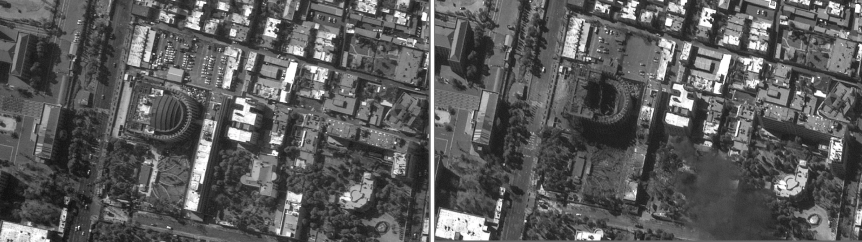 图为伊朗总统府遭袭前后的对比照片。 图源：美媒报道配图