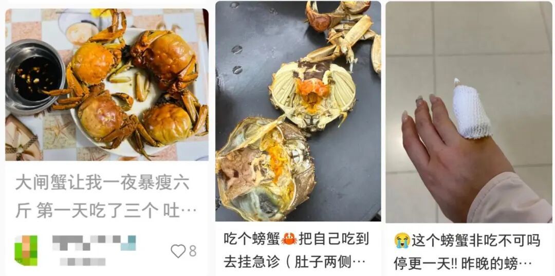 网友们在社交平台分享自己吃螃蟹进急诊的经历