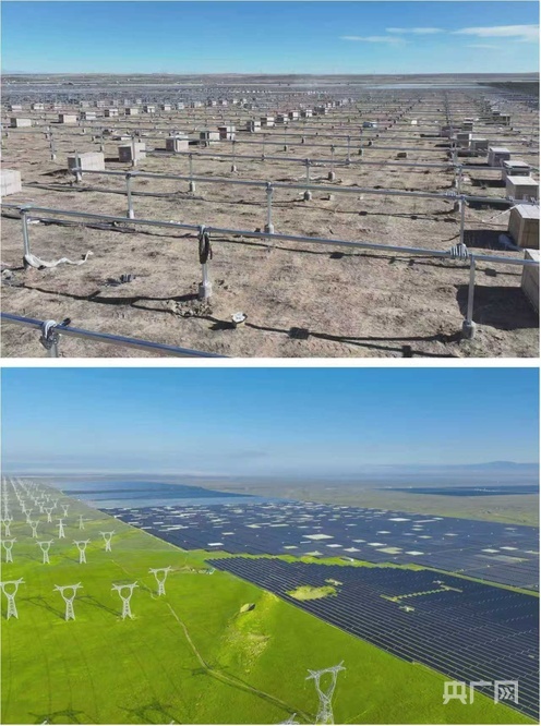 青海省共和县塔拉滩光伏园区建成前后对比图：上图于2021年拍摄，下图为2025年拍摄（央广网发 马小强供图）