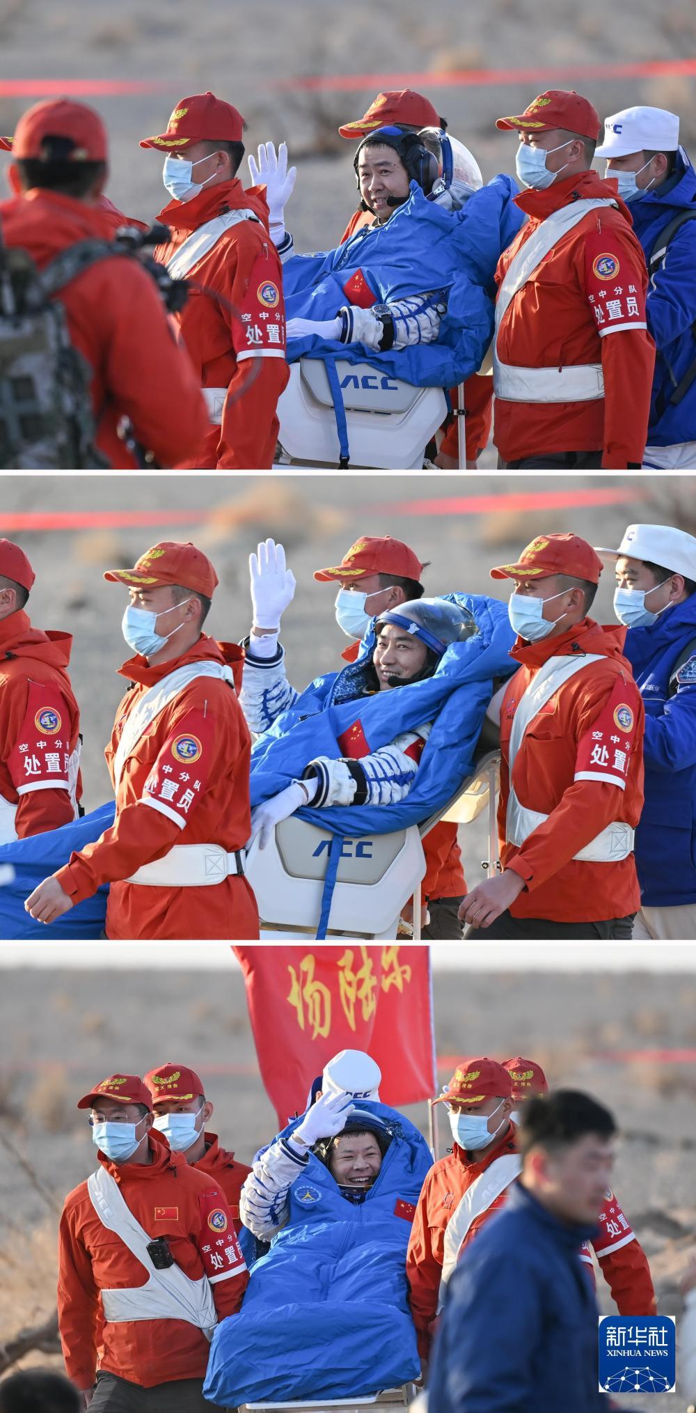 拼版照片：2025年11月14日，载着神舟二十号航天员乘组的神舟二十一号载人飞船返回舱在东风着陆场成功着陆。航天员陈冬、陈中瑞、王杰（从上至下）安全顺利出舱。新华社记者 李志鹏 摄