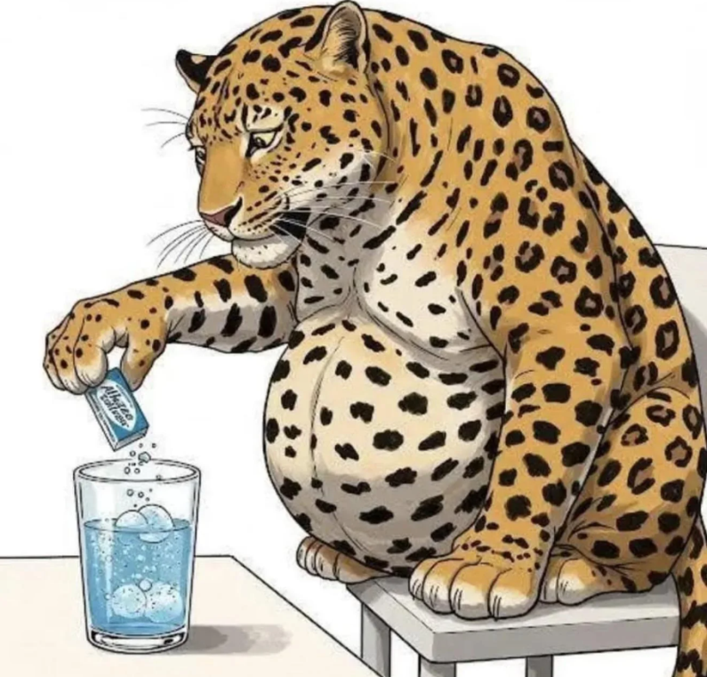 特朗普二次上台后美国流传的一幅比较隐晦、需要转几个弯才能理解的讽刺漫画：一只挺着大肚子的肥豹因为吃掉的脸太多（讽刺特朗普让投票给他的各路MAGA支持者自食其果）而消化不良，正在给自己冲Alka-Seltzer泡腾片（健胃消食片）