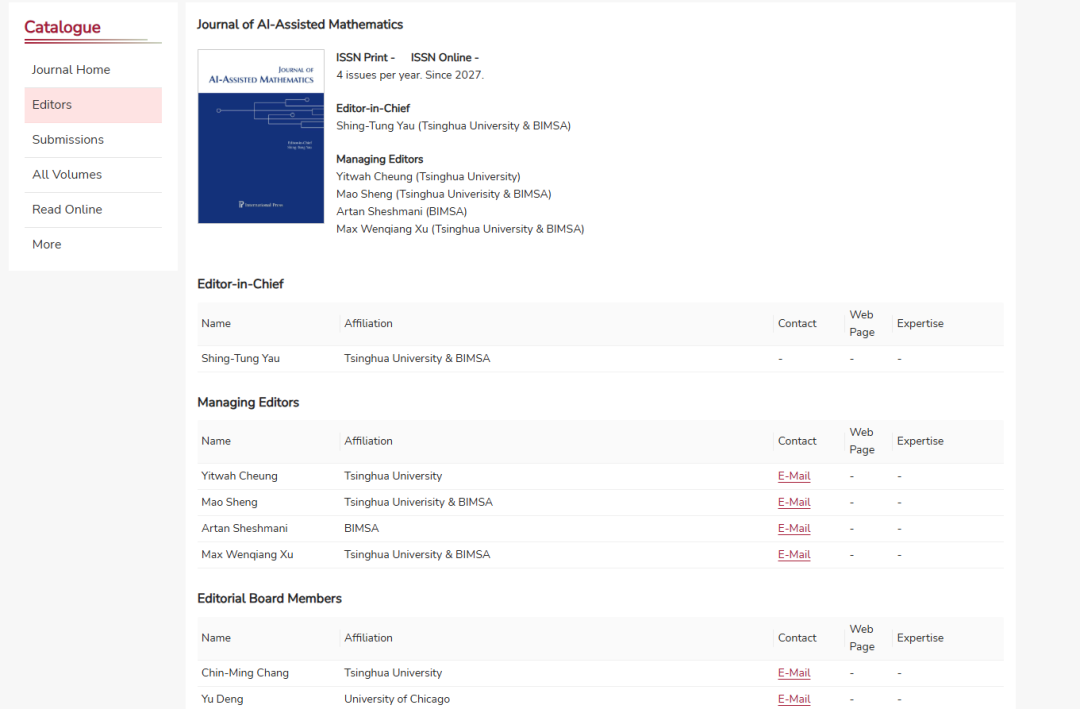 International Press of Boston 已在官网列出新刊 Journal of AI-Assisted Mathematics