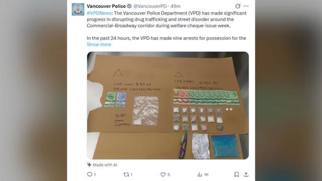 加拿大温哥华警方缉毒照片被发现带有“AI生成”标签