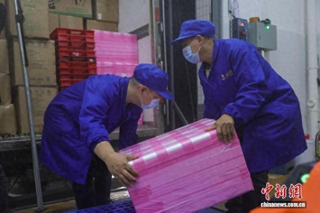 图为海南椰乡源食品有限公司工人搬运加工好的文昌鸡。 中新网记者 骆云飞 摄