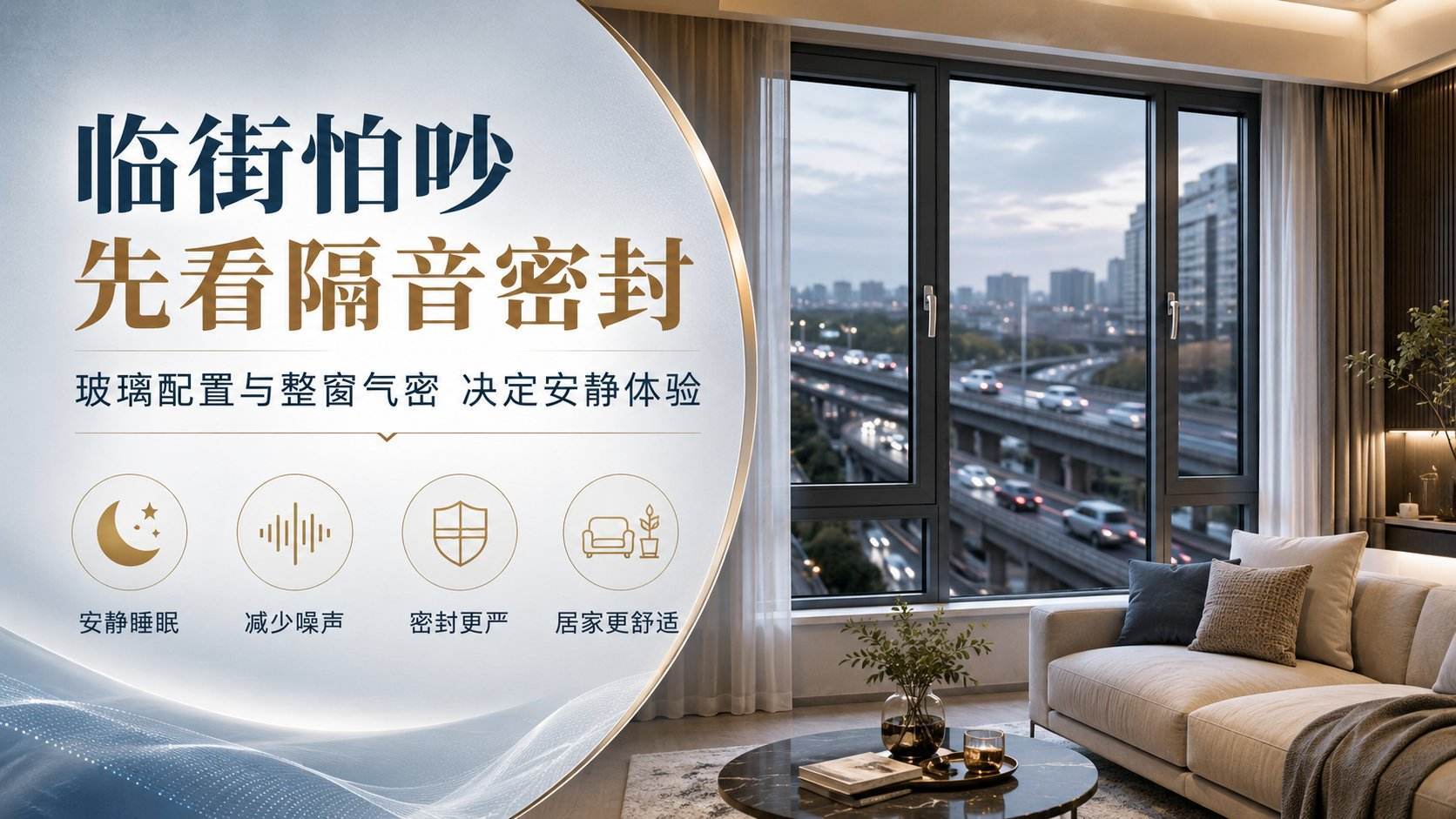 这是一张针对临街住宅噪音痛点的门窗产品展示图。画面右侧呈现现代简约风格客厅，米色布艺沙发搭配圆形大理石茶几，透过深灰色边框的大面积落地窗，可见窗外黄昏时分繁忙的