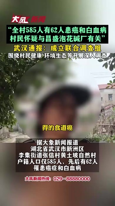 “全村585人有62人患癌和白血病 村民怀疑与昌盛泡花碱厂有关” 武汉通报：成立联合调查组 围绕村民健康 环境生态等开展深入调查