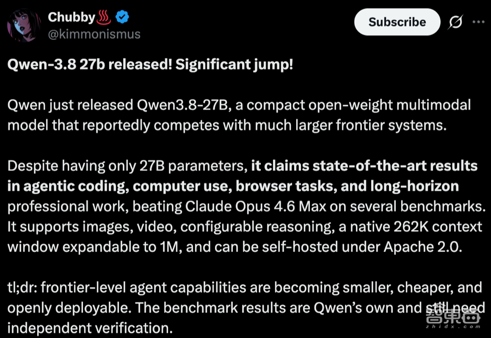 刚刚,阿里Qwen3.8-27B开源!家用显卡可跑,能看图看视频