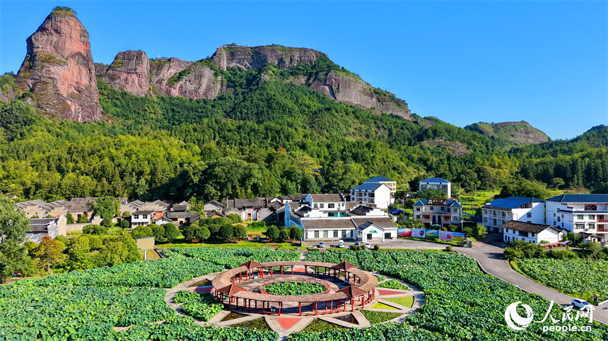 石城县琴江镇大畲村，一栋栋民居错落分布于青山田园间，与丹霞峰峦、青翠沃野相互映衬。人民网记者 朱海鹏摄