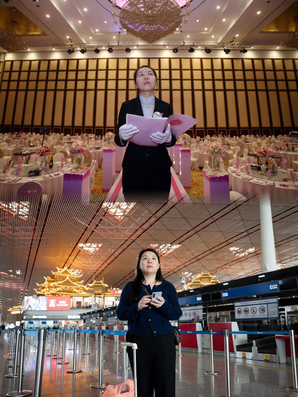 上图：2014年4月19日，酒店婚礼仪式现场布置已准备就绪，刘宁波拿着图纸核对每一处细节（新华社记者李尕摄）；下图：2026年4月25日，在北京首都机场，刘宁波结束出差后，准备返回湖南长沙（新华社记者刘杰摄）。
