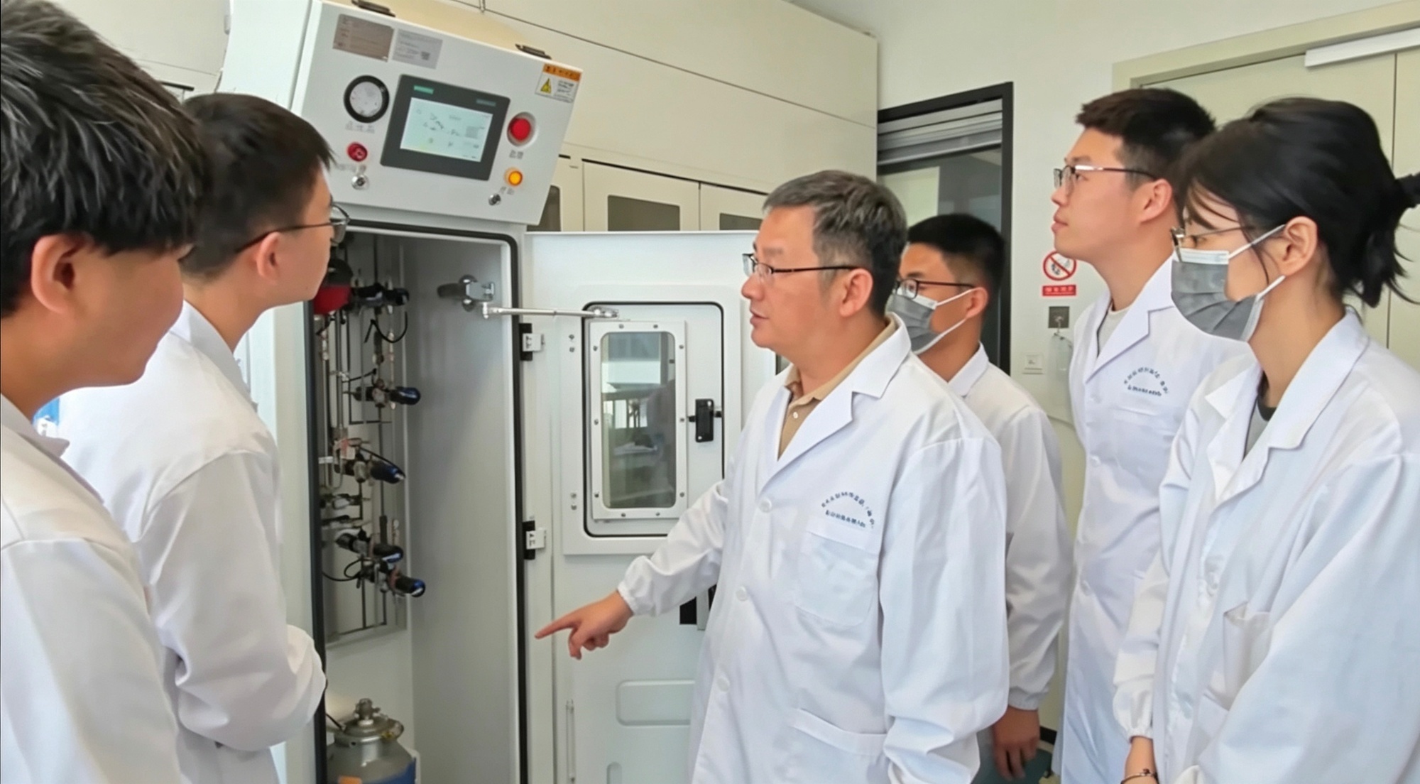 齐鑫(右一)跟导师学习硅烷气相沉积反应系统的操作方法(央广网发 天津大学供图)