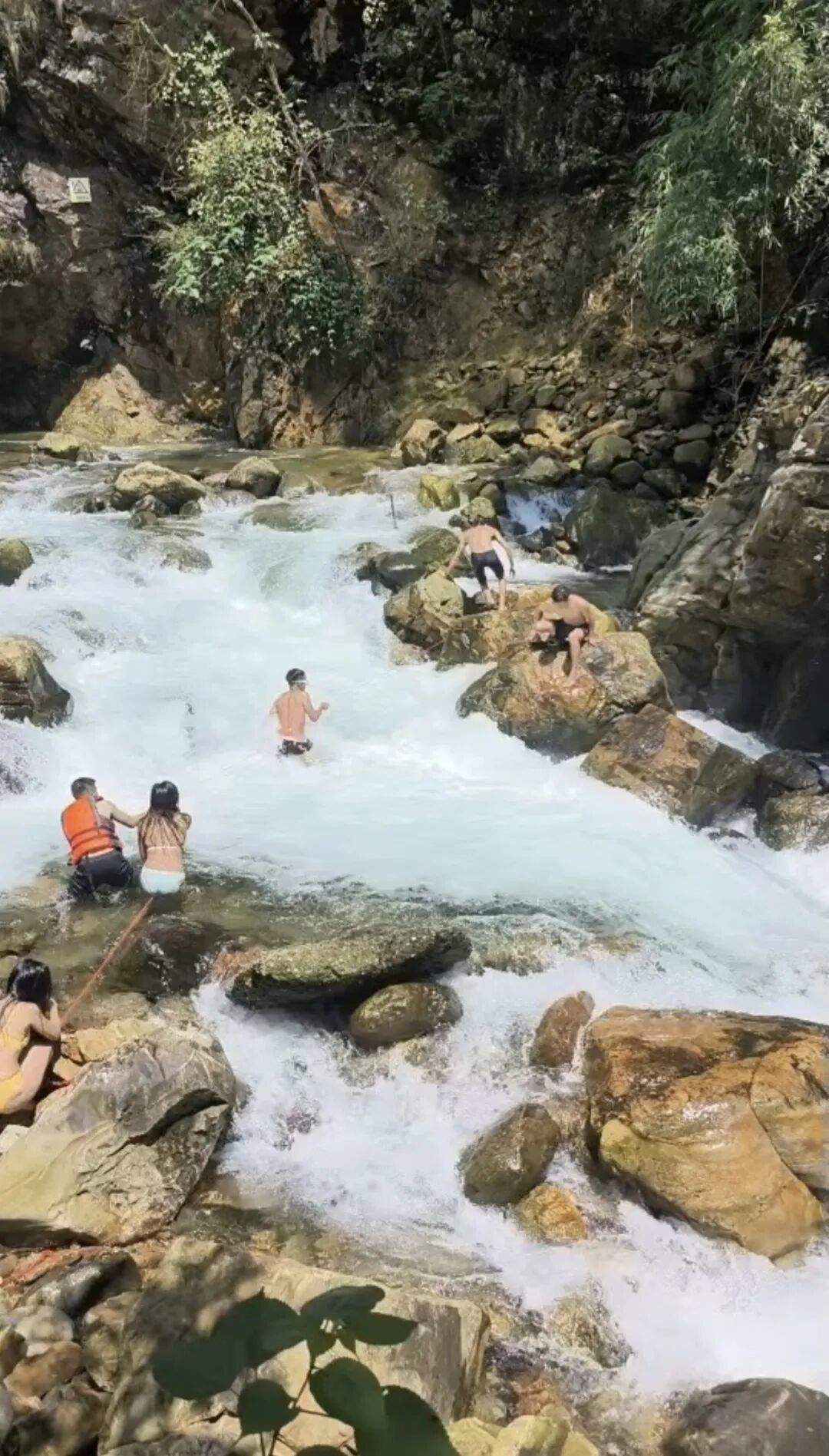 众人在溪水两侧拉起救援绳索 视频截图