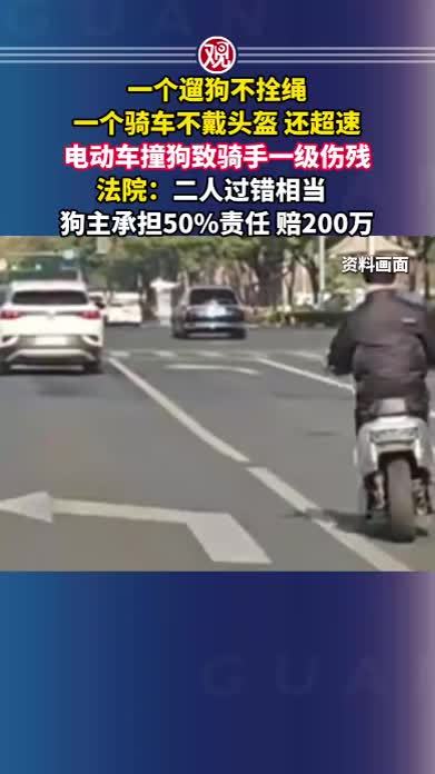 一个遛狗不拴绳，一个骑车不戴头盔，还超速，电动车撞狗致骑手一级伤残，法院：二人过错相当，狗主承担50%责任，赔200万