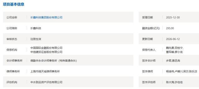 长鑫科技IPO项目基本信息，融资额达295亿元