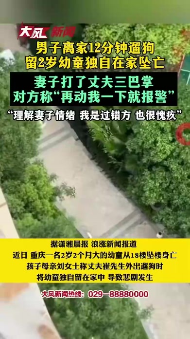 男子离家12分钟遛狗，留2岁幼童独自在家坠亡，妻子打了丈夫三巴掌对方称“再动我一下就报警”；“理解妻子情绪，我是过错方也很愧疚”