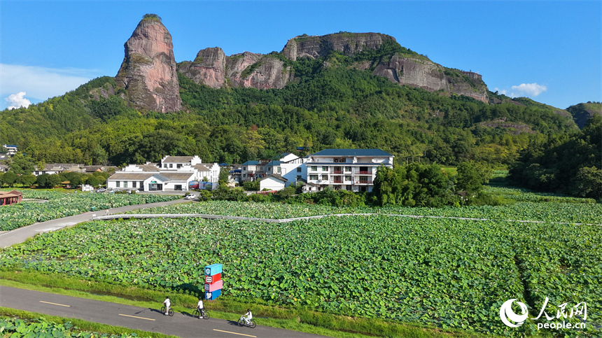 石城县琴江镇大畲村，一栋栋民居错落分布于青山田园间，与丹霞峰峦、青翠沃野相互映衬。人民网记者 朱海鹏摄