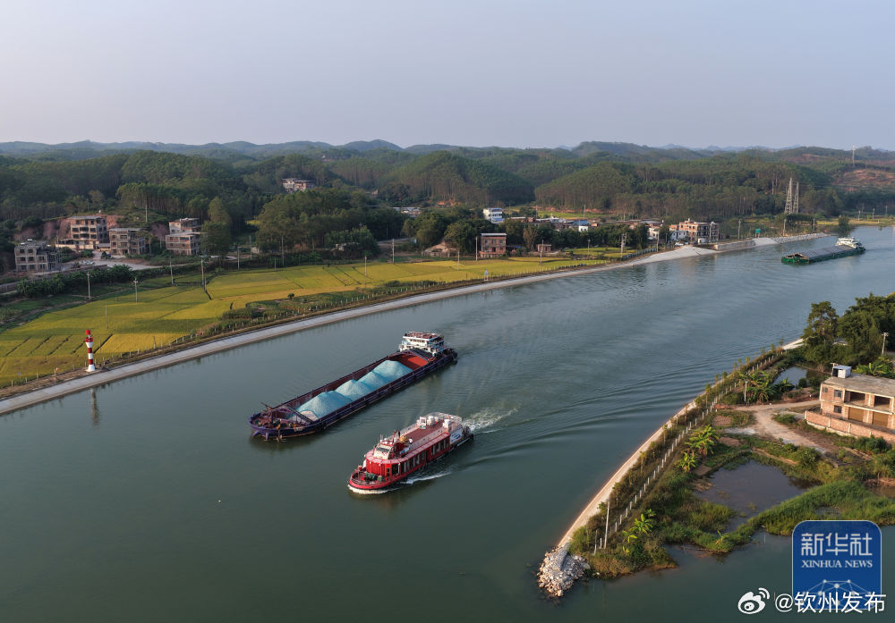 【#平陆运河秋景#】金秋时节，广西平陆运河两岸秋意盎然，澄澈河水倒映