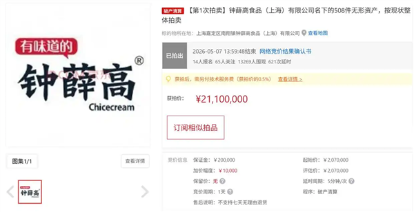 从网红顶流到资不抵债!钟薛高名下508项无形钞票2110万元成交