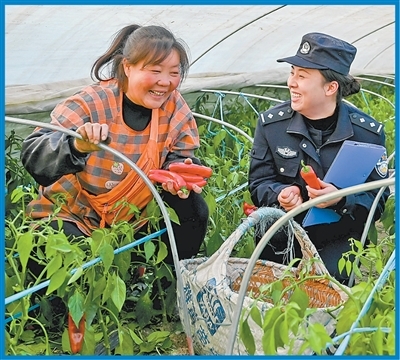 安徽省马鞍山市和县公安局民警在田间地头走访蔬菜种植户,认真倾听群众诉求。秦祖泉摄(影像中国)