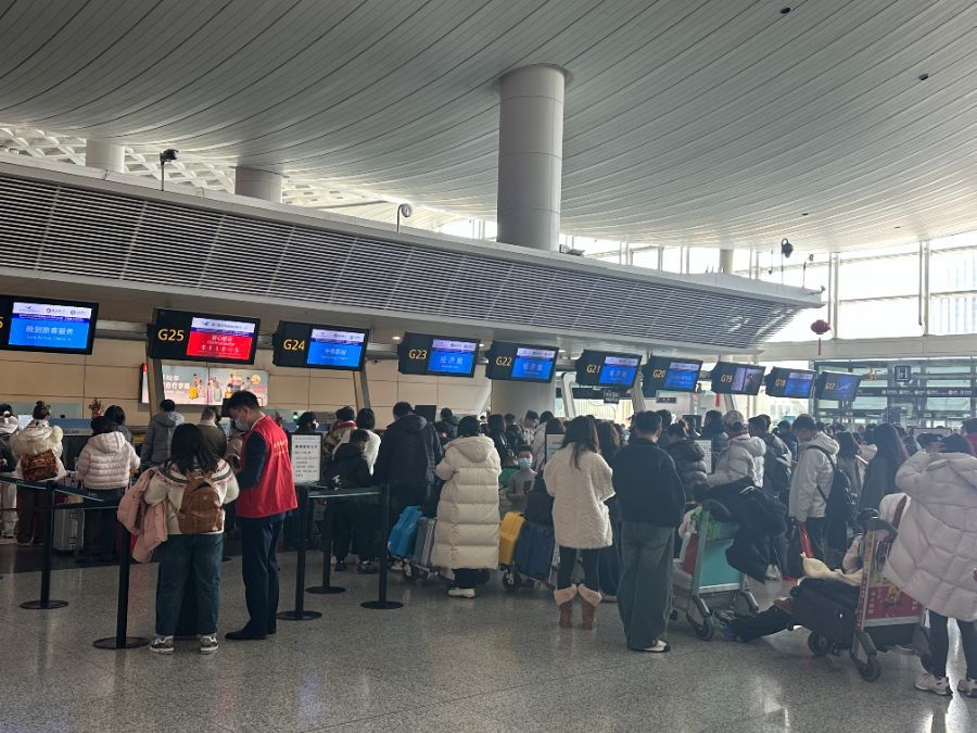 （杭州萧山国际机场T3航站楼春运期间排队场景 ，本报记者 柳宁馨/摄）