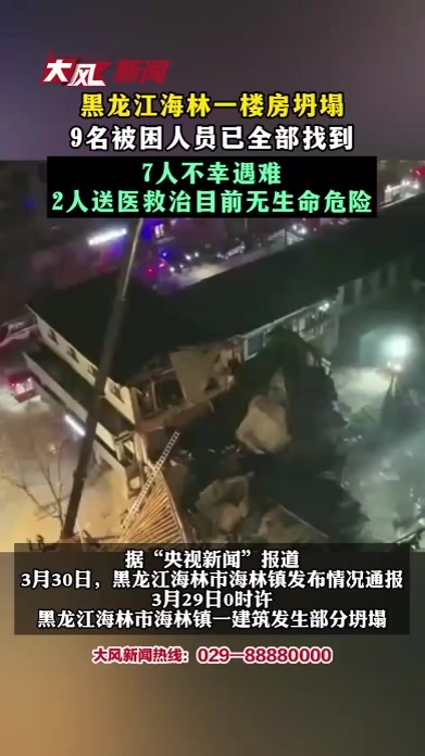黑龙江海林一楼房坍塌 9名被困人员已全部找到 7人不幸遇难 2人送医救治目前无生命危险