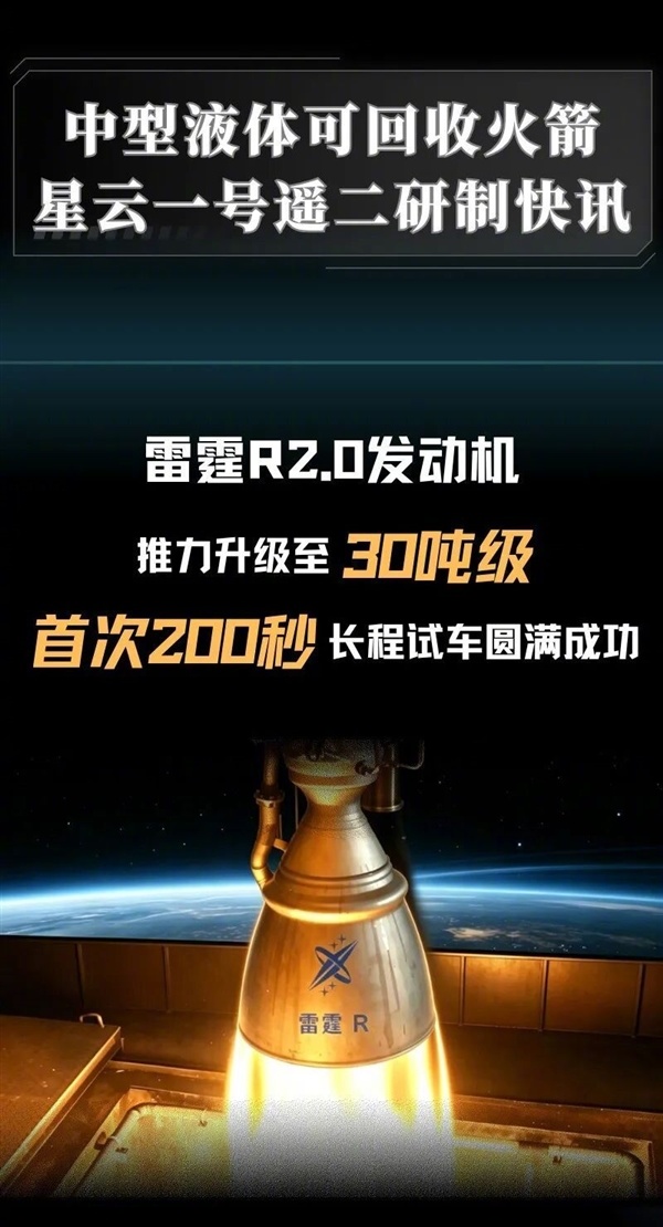 深蓝航天液体可回收火箭发动机过考核:雷霆R2.0首试200秒、推力升至30吨级
