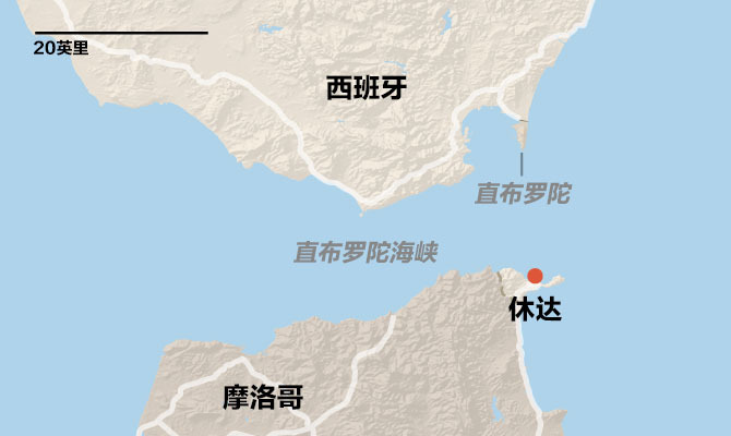 休达位于摩洛哥北侧的地中海沿岸，扼守直布罗陀海峡东侧入口，人口大约8.5万。