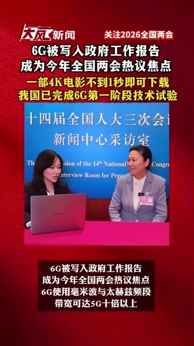 6G被写入政府工作报告，成为今年全国两会热议焦点，一部4K电影不到1秒即可下载，我国已完成6G第一阶段技术试验