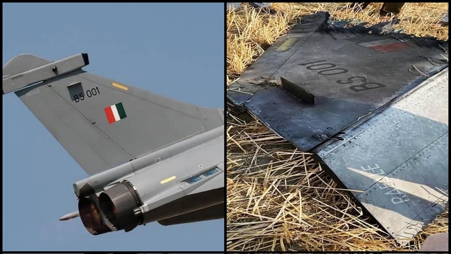 网传印军被击落飞机残败（右），以及此前印度空军序列号为“BS 001”的阵风战机相片。支吾媒体
