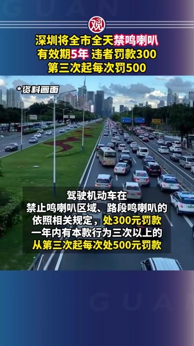 深圳将全市全天禁鸣喇叭，有效期5年，违者罚款300，第三次起每次罚500