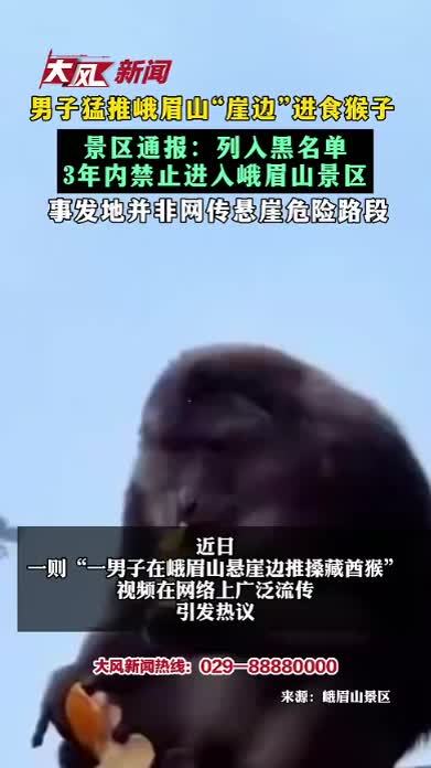 男子猛推峨眉山崖边进食猴子 景区通报：列入黑名单 3年内禁止进入峨眉山景区 事发地并非网传悬崖危险路段