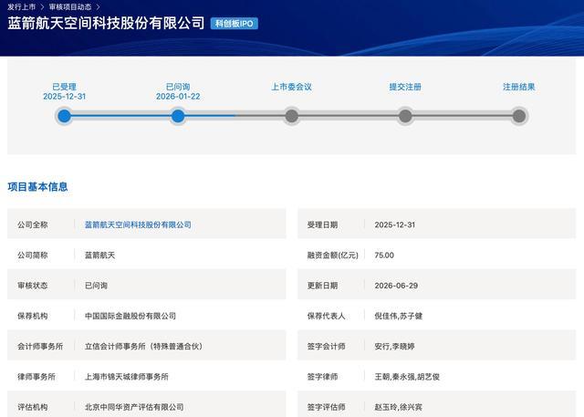 蓝箭航天科创板IPO项目基本信息公示页面