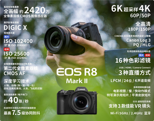 佳能正式发布EOS R8 Mark II:2400万像素全画幅、首次加入机身防抖