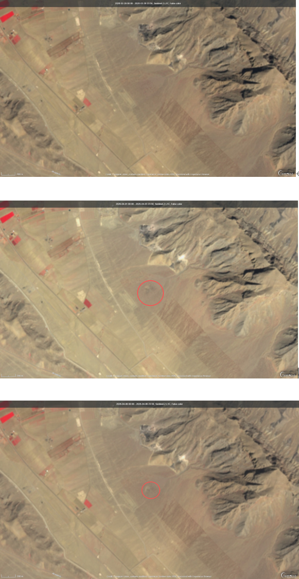 上：3月29日；中：4月3日；下：4月6日。4月3日后该地地表出现了一个较为明显的深色印记（红圈内）。