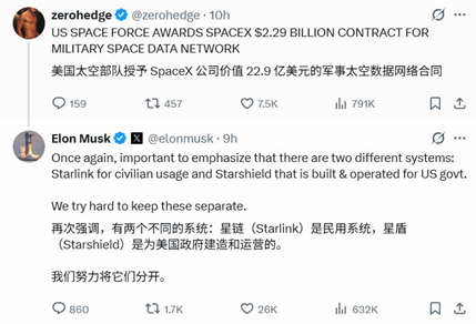 马斯克本人回应，区分星链与星盾（图源：网络）