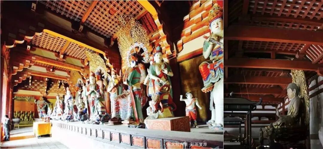 五台山佛光寺大雄宝殿内部梁及天花（左），右图为日本唐招提寺金堂内部梁及天花（右）比较图。