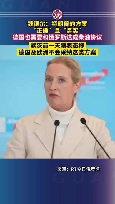 魏德尔：特朗普的方案“正确”且“务实”，德国也需要和俄罗斯达成柴油协议；默茨前一天刚表态称德国及欧洲不会采纳这类方案