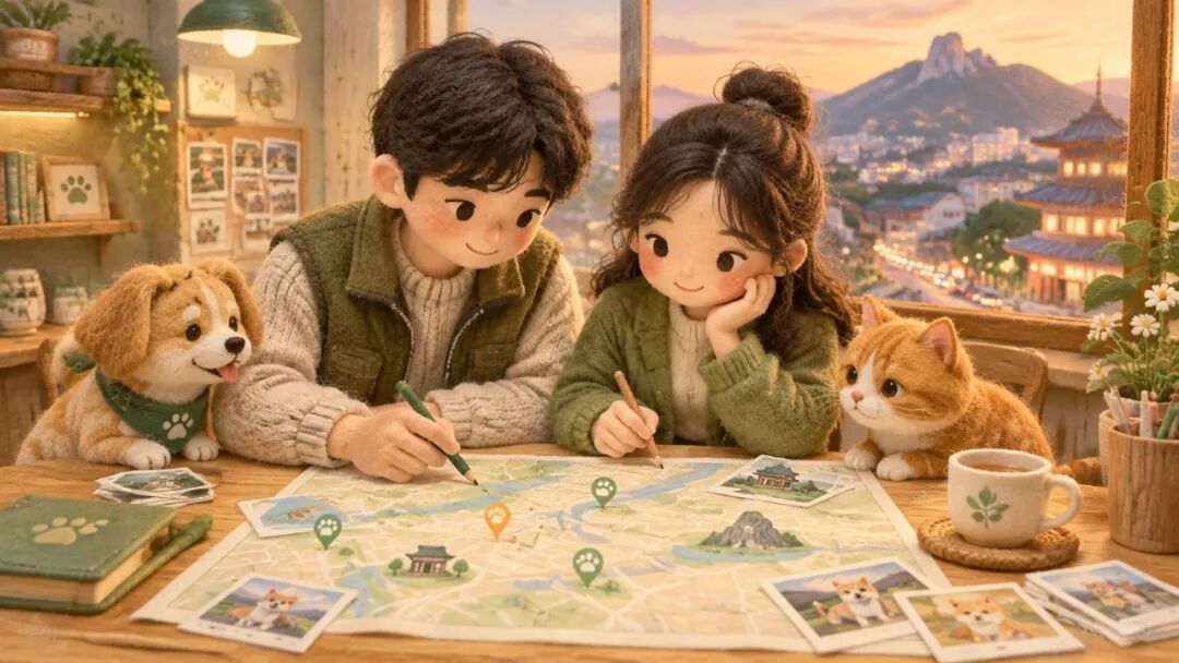 羊毛毡质感插画：两位年轻伙伴在温馨工作台前整理宠物地图与资料卡