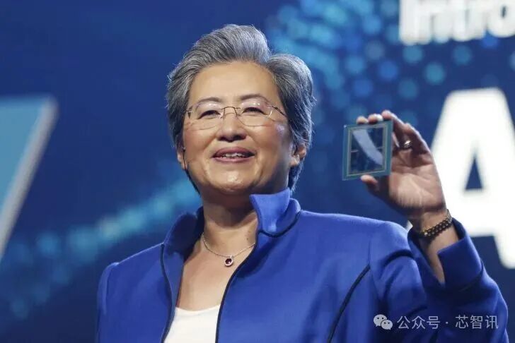 台上有人拿着一块芯片,上面部分文字为AMD。