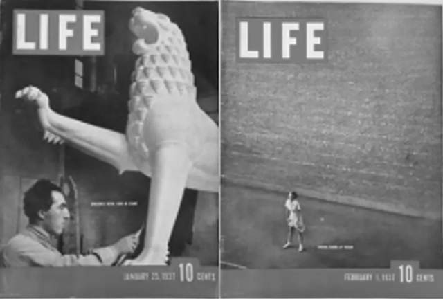 ◆1937年1月25日和1937年2月1日《生活》杂志封面。两期杂志中刊登了斯诺拍摄的有关中国共产党及红军的大量照片。
