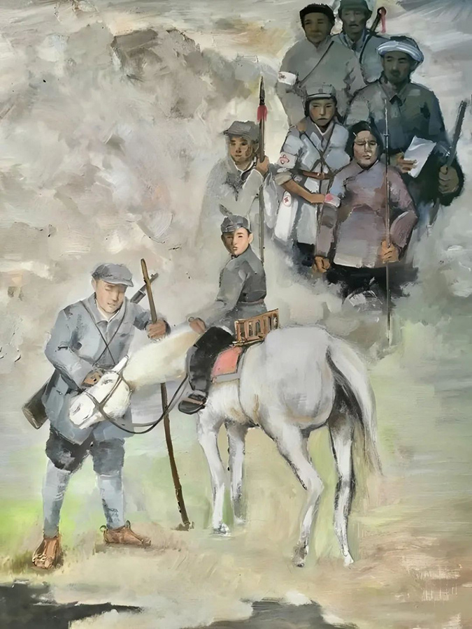 油画《一家八口同长征》。（湘鄂川黔革命根据地纪念馆）