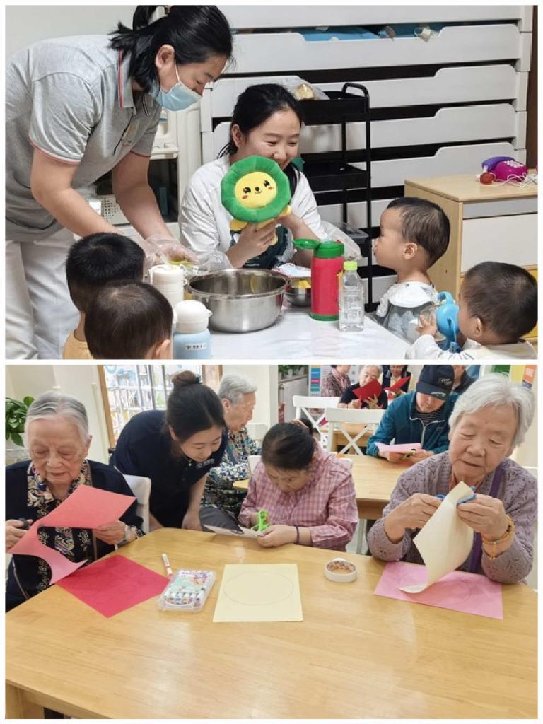 （拼版图片）2026年5月18日，北京西城区德胜街道新北社区“老幼共托”试点内，老人、孩子分区活动。新华社记者夏子麟 摄